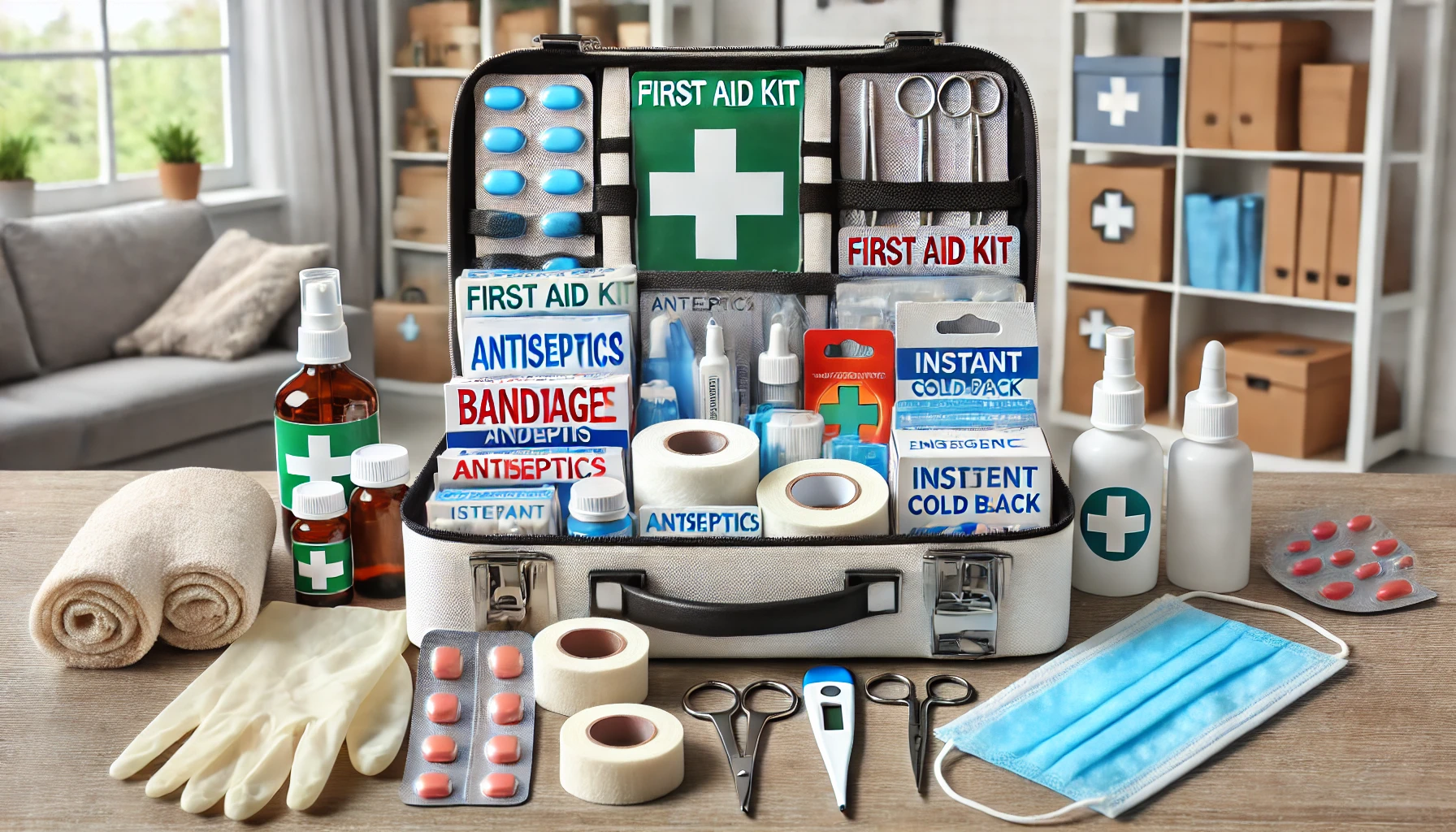 A well-stocked first aid kit displayed on a table, containing bandages, antiseptics, adhesive tape, scissors, tweezers, sterile gloves, a digital thermometer, instant cold packs, and an emergency blanket.