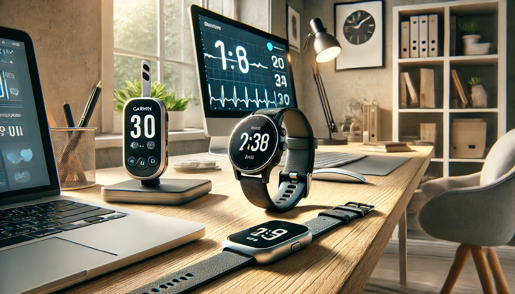 A modern home office setup featuring wearable health technology such as a Garmin smartwatch and a continuous glucose monitor on a desk.