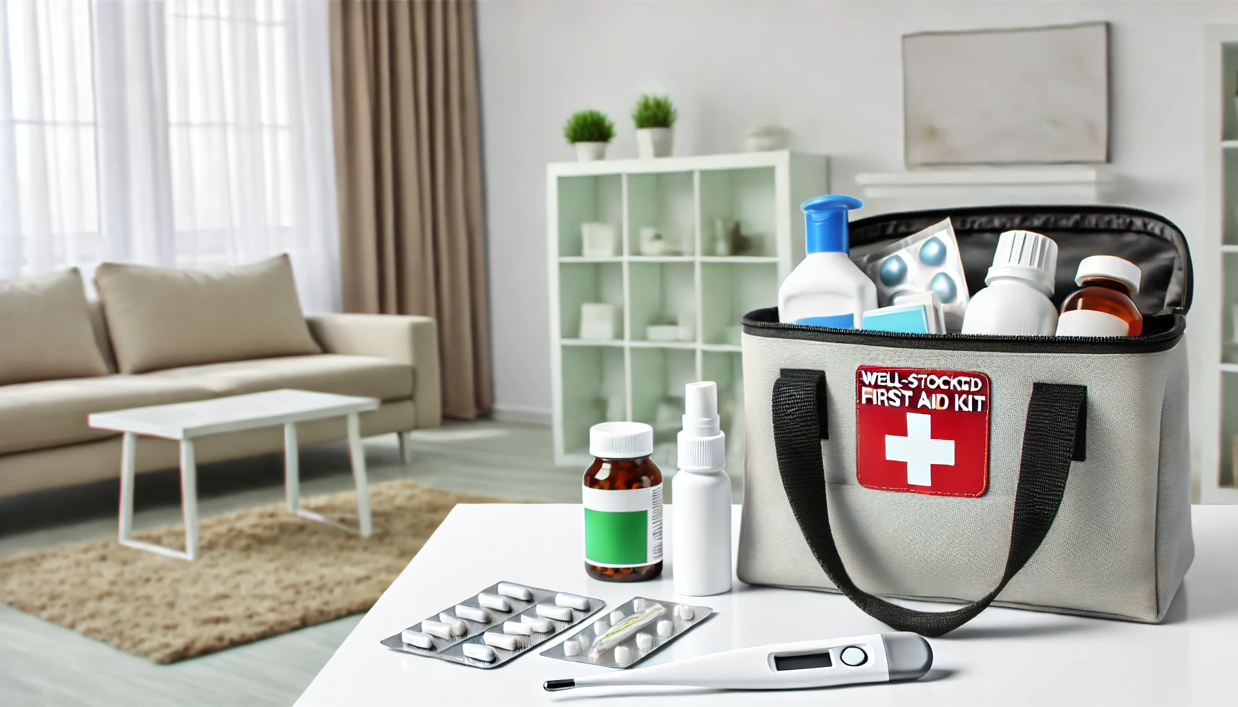 A modern living room featuring a well-stocked first aid kit, a digital thermometer, and over-the-counter pain relievers neatly arranged on a table