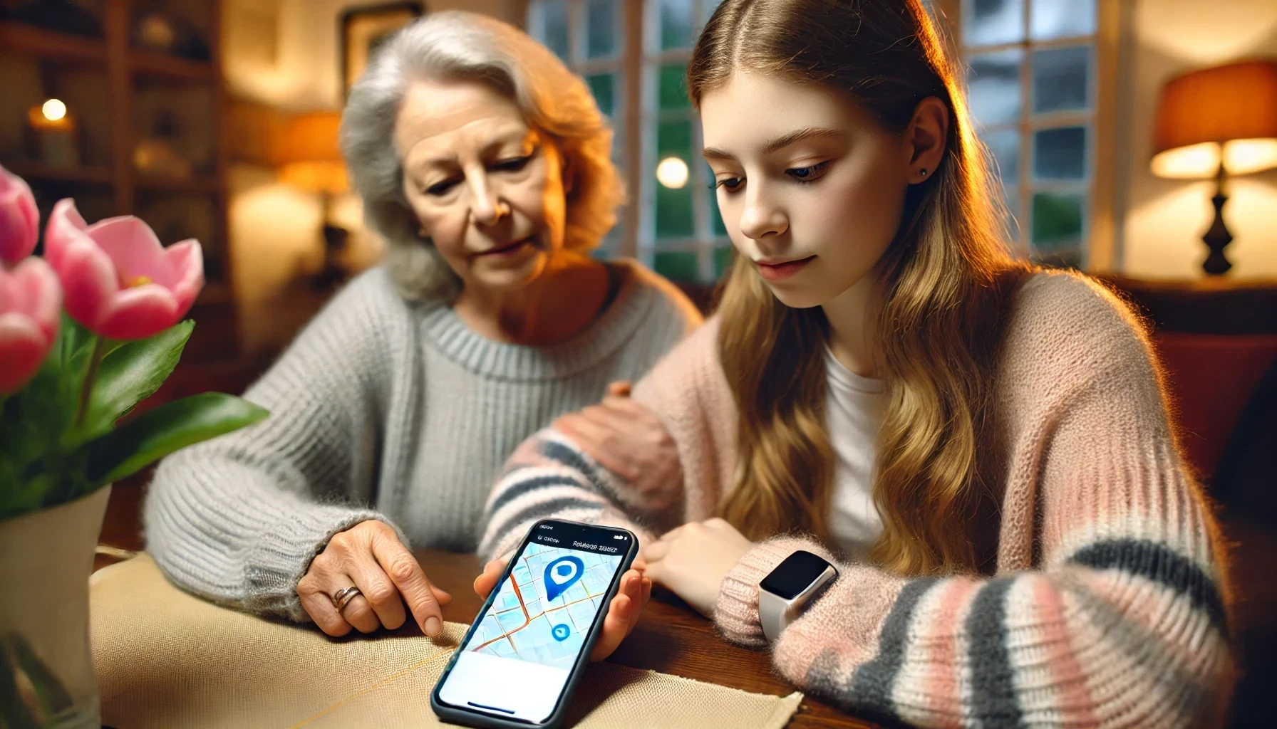 A caregiver and a young woman with epilepsy are sitting together at a table, holding a smartphone displaying a location tracking app.