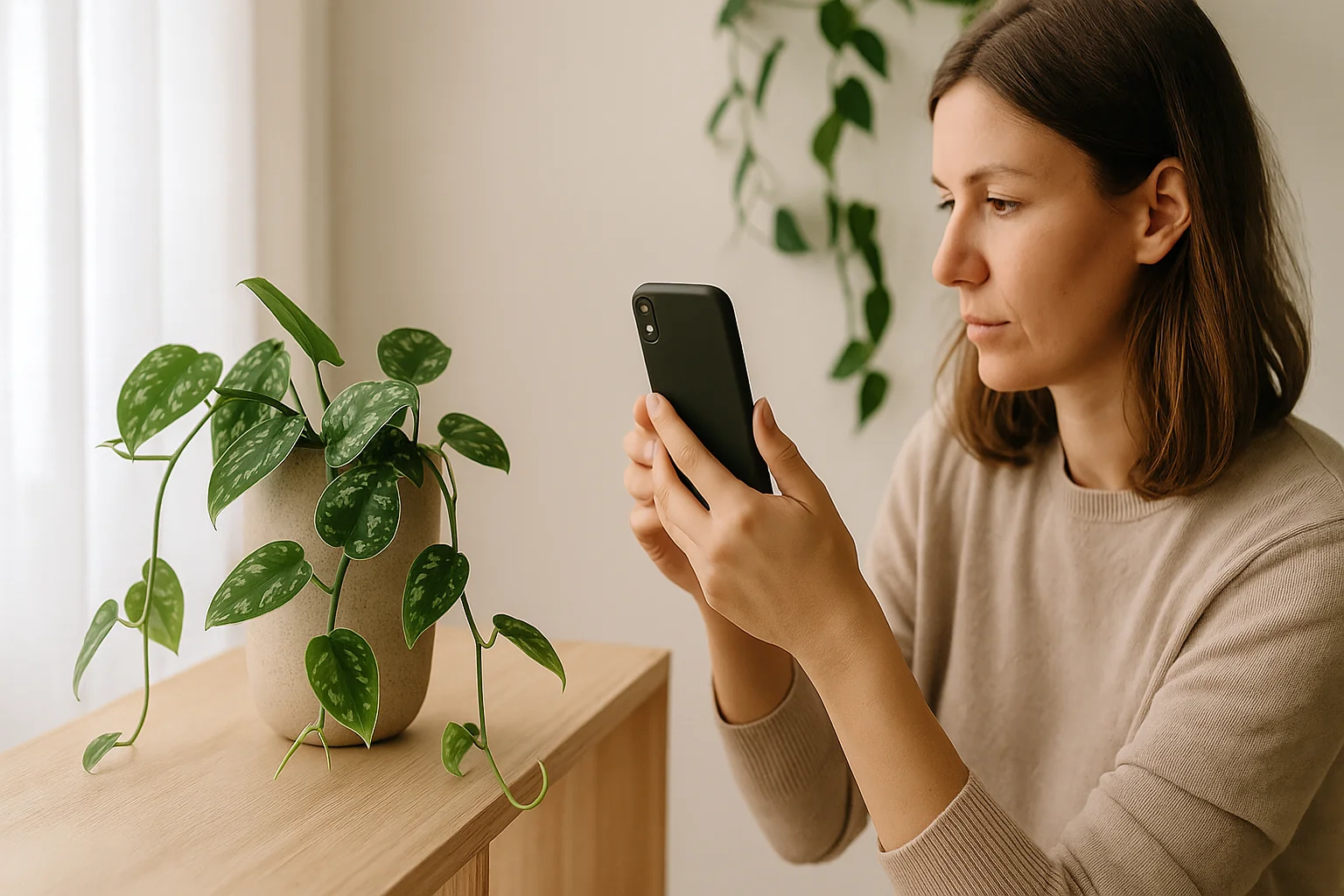A woman carefully photographs a trailing plant to add it to her digital plant log for safety tracking.