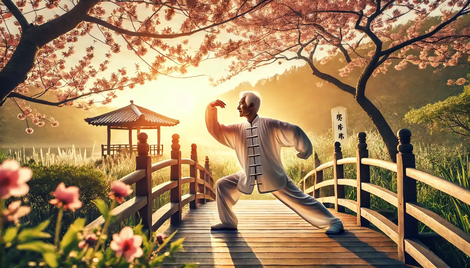 An elderly Japanese man practicing Tai Chi in a peaceful garden during sunrise.