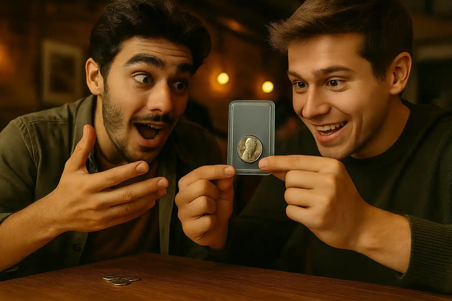 Coin lovers animatedly discuss the details of a Buffalo nickel.