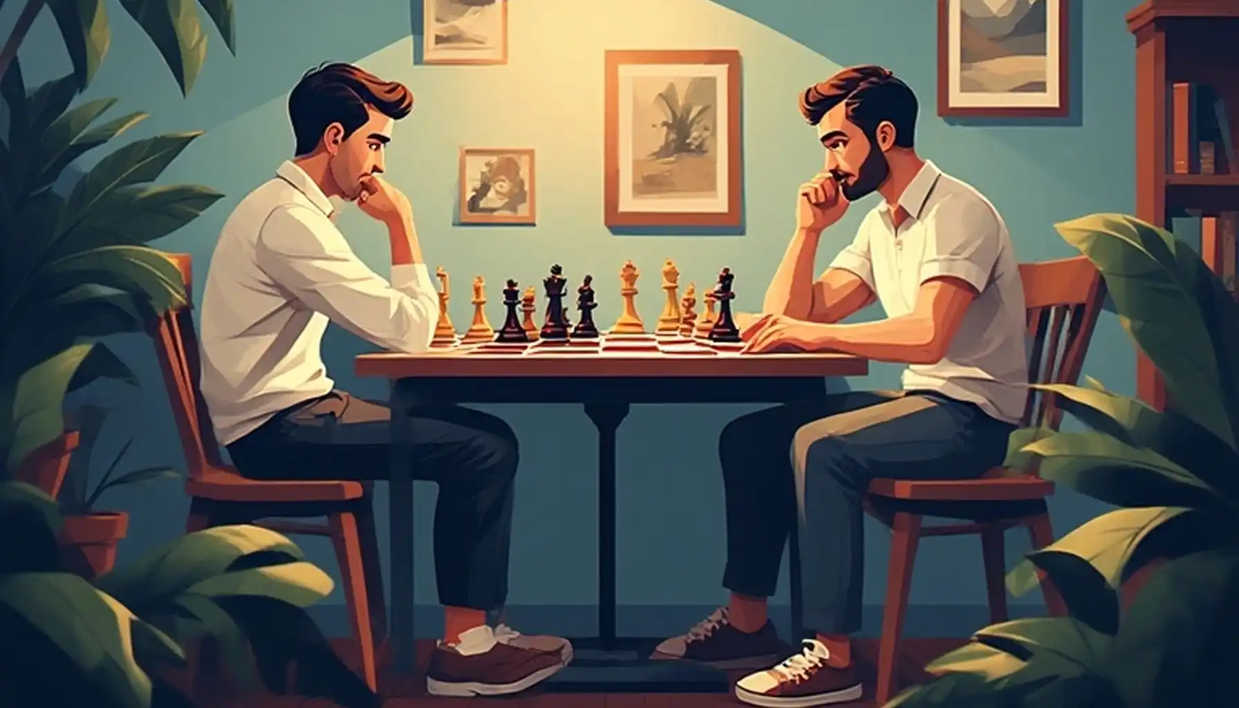 Two guys are playing chess sitting at a table