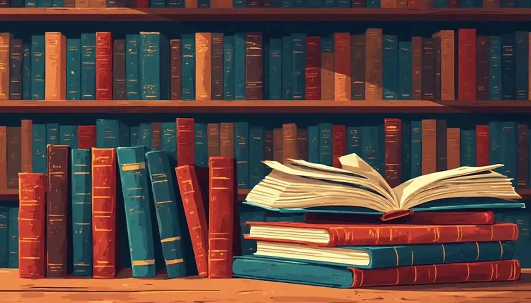 Many different books are lying on the table in the library