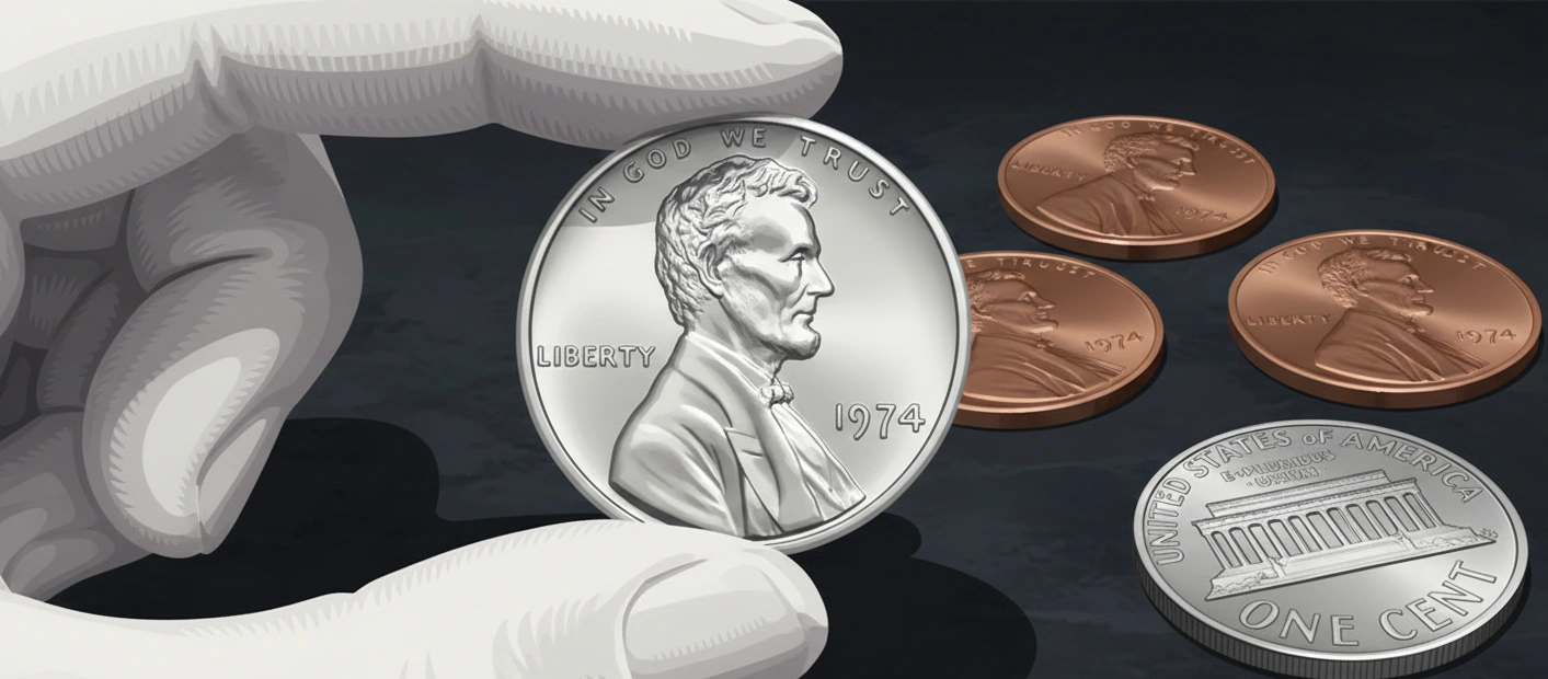 A close-up of a 1974 aluminum penny being held with white gloves
