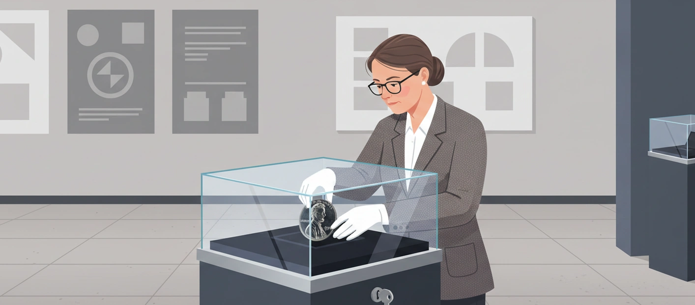 A museum curator, placing a 1974 aluminum penny into a locked glass display case